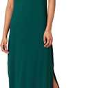 Amazon Essentials Women's Regular Fit Jersey V-Neck Short Sleeve Midi Length T-Shirt Dress, Soft Viscose Stretch Jersey with Side Slits, Dark Green, X-Small