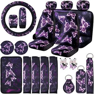 Frienda 22 Pieces Butterfly Car Accessories Set, Center Console Armrest Pad Butterfly Car Seat Covers Steering Wheel Cover Headrest Seat Belt Handbrake Gear Cover Keychain for Cars SUV Women(Purple)