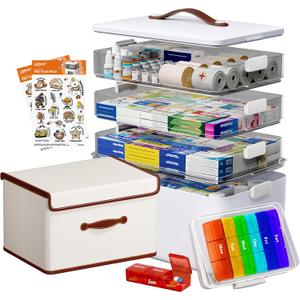 Medicine Storage Organizer, 4-Tier Medicine Box with 7-Day Pill Case and Bottle Storage Bin, Clear Trays and Carry Handle, First Aid Storage Case for Home Cabinet