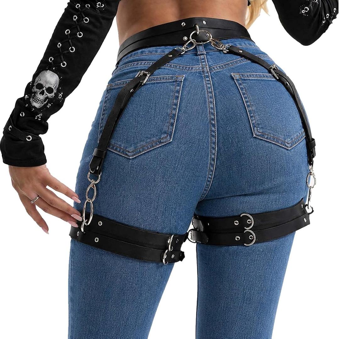 Women's Gothic Leather Thigh Harness – Adjustable Leg Garter Belt for Lingerie, Cosplay, Carnival & Punk Party Outfits (Black, S)