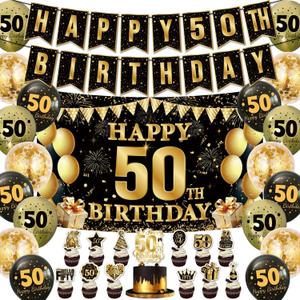 47PCS 50th Birthday Decorations for Men Women, Happy Birthday Banner With Balloons,Backdrop,Cake Toppers,Cupcake Toppers.Black Gold 50th Birthday Party Decorations for Men Women.