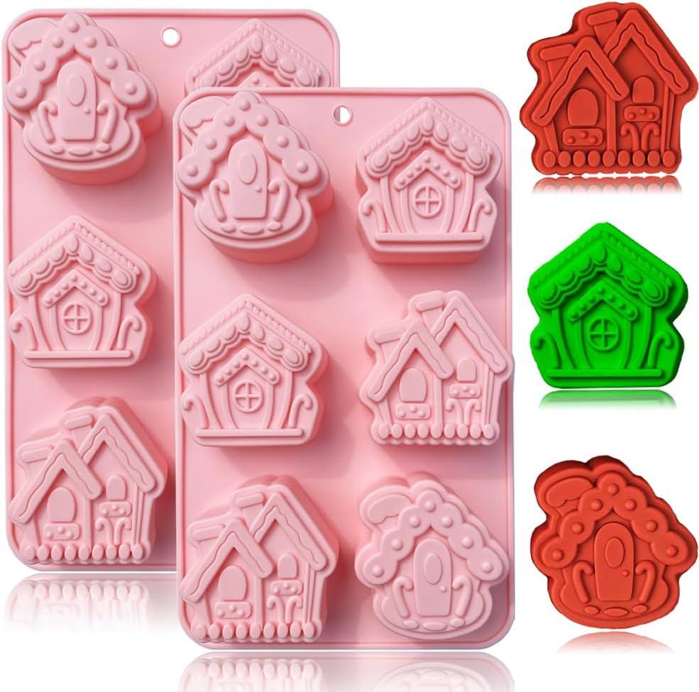BENEKIY 2 Pack 3D Christmas House Silicone Molds Gingerbread House Soap Moulds Tray 6 Cavity Non-stick Baking Molds for Chocolate Cake Dessert Candy Mousse Pastry Handmade Soap