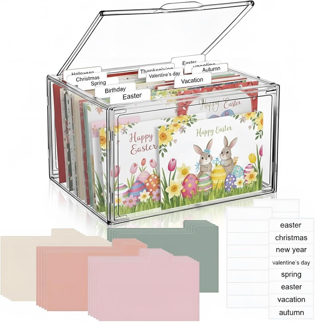 Tenceur Acrylic Greeting Card Organizer & Storage Box with 20 Colorful Removable Adjustable Dividers and 80 Labels for Holiday Birthday Cards Photos, Crafts, Scrapbooking, Paper, Envelopes