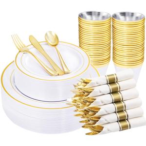 WELLIFE 210 Piece Gold Plastic Dinnerware Set, Include: 30 Dinner Plates, 30 Dessert Plates, 30 Pre Rolled Napkins with Silverware and 30 Cups