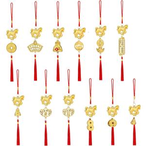 12pcs Chinese New Year Decorations 2026, Year of The Horse Pendants Good Luck Charms, Feng Shui Decor Red Tassel Ornaments for Lunar New Year Wealth Success Good Luck Gifts