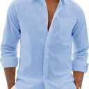 Alimens & Gentle Mens Cotton Linen Textured Shirt Long Sleeve Button Down Shirts Casual Summer Beach Wedding Tops with Pocket (Blue), L