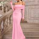 KUTUMAI Women Off Shoulder Bodycon Maxi Dress Long Sleeve Mesh Ruched Party Formal Wedding Guest Dresses (Pink, M)