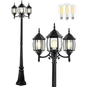 PARTPHONER Outdoor Lamp Post Light 3-Head, Classic Black with Clear Glass Panels, E26 Base Maximum 100W (3 LED Bulbs Included), Waterproof Street Light for Backyard, Garden, Driveway