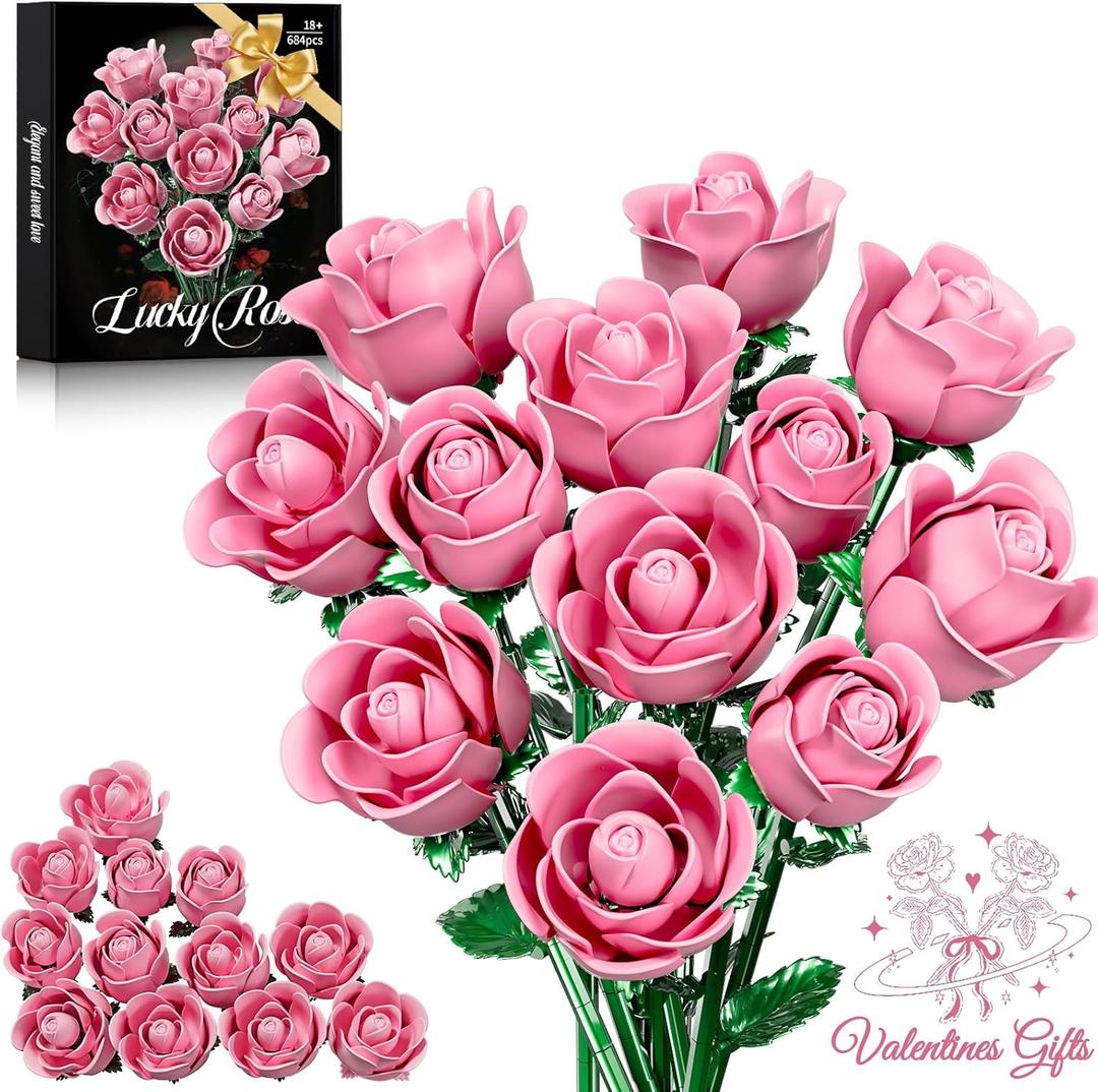 Pink Rose Bouquet Building Set for Girls & Boys - 12 Pack Botanical Collection Gift for Mother Day Mom/Her/Girlfriend/Wife/Couple, Gothic Emo Vintage Retro Artificial Flowers Botanical Collection