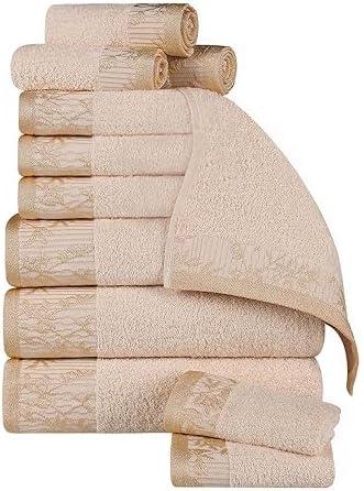 Superior 12 Piece Cotton Towel Set, Floral Jacquard Dobby Border, Quick Dry, Decorative Bathroom, Spa, Shower, Bath, Includes 3 Body, 3 Hand, 6 Face Towels/Washcloth, Wisteria Collection, Ivory