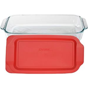 Pyrex SYNCHKG117579 Basics 3 Quart Glass Oblong Baking Dish with Red Plastic Lid-9 inch x 13 Inch, 5, Clear
