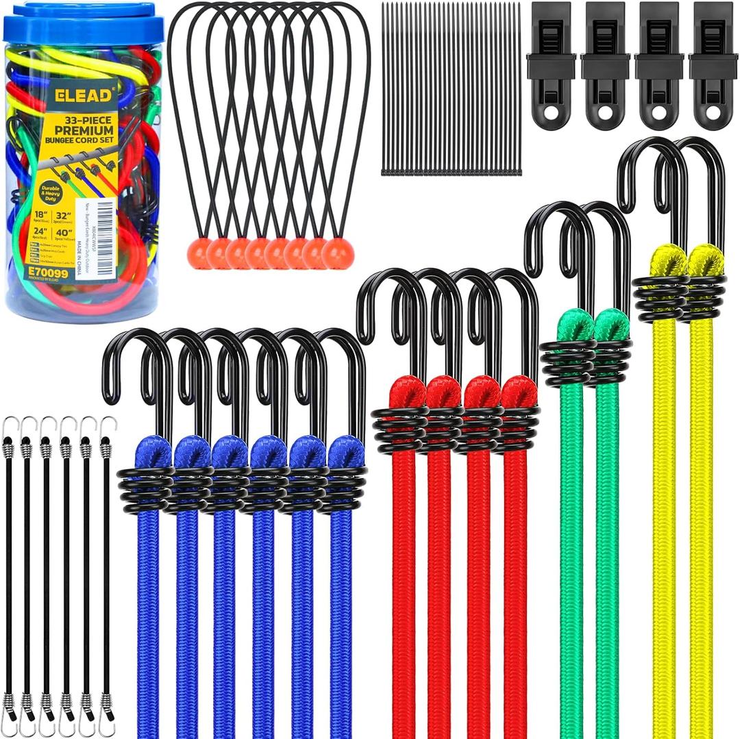 ELEAD 33 Piece Premium Bungee Cords Assortment Jar, Includes 10", 18", 24", 32", 40" Bungee Cord with Hooks, 6" Nylon Cable Ties, 8" Canopy Tarp Ball Ties and Tarp Clips