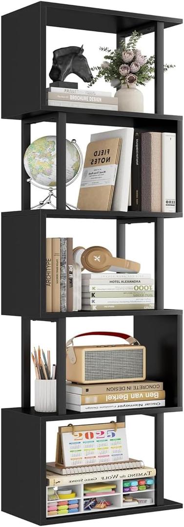 Gadroad 5-Tier Bookshelf, Tall S-Shaped Geometric Bookcase, Wood and Metal Decorative Storage Shelving, Modern Freestanding Display Shelves, Book Shelf Unit for Living Room Bedroom Home Office, Black