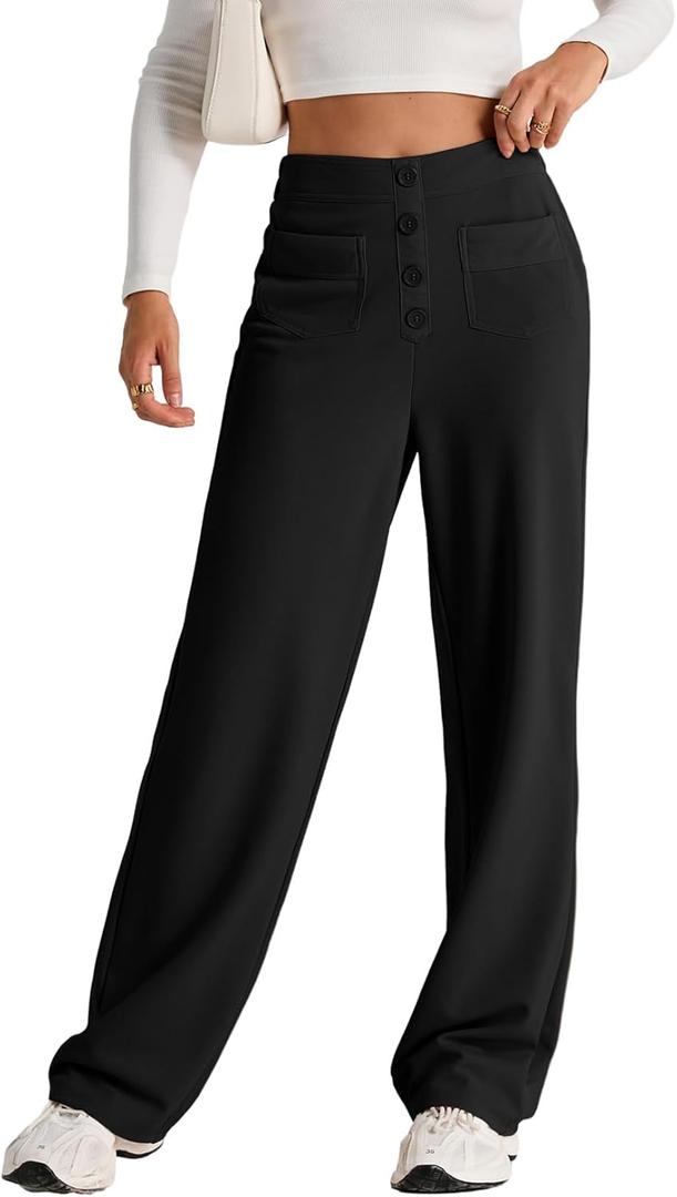 EVALESS Womens High Waist Button Stretchy Work Pants Straight Leg Office Dress Pant Business Casual Trousers with Pocket (Medium, 01 Black)