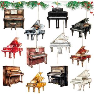 Pinkunn 36 Pieces Christmas Ornaments Grand Piano Black Decoration Musical Music Instrument Ornament Brown Upright Piano Hanging Decorations for Christmas Tree (Watercolor Style)