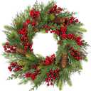 20 inch Christmas Wreath, Christmas Wreath for Front Door Christmas Door Wreaths with Red Berries Pine Cones Cedar Leaves Aritificial Wreath for Christmas Indoor Outdoor Decorations