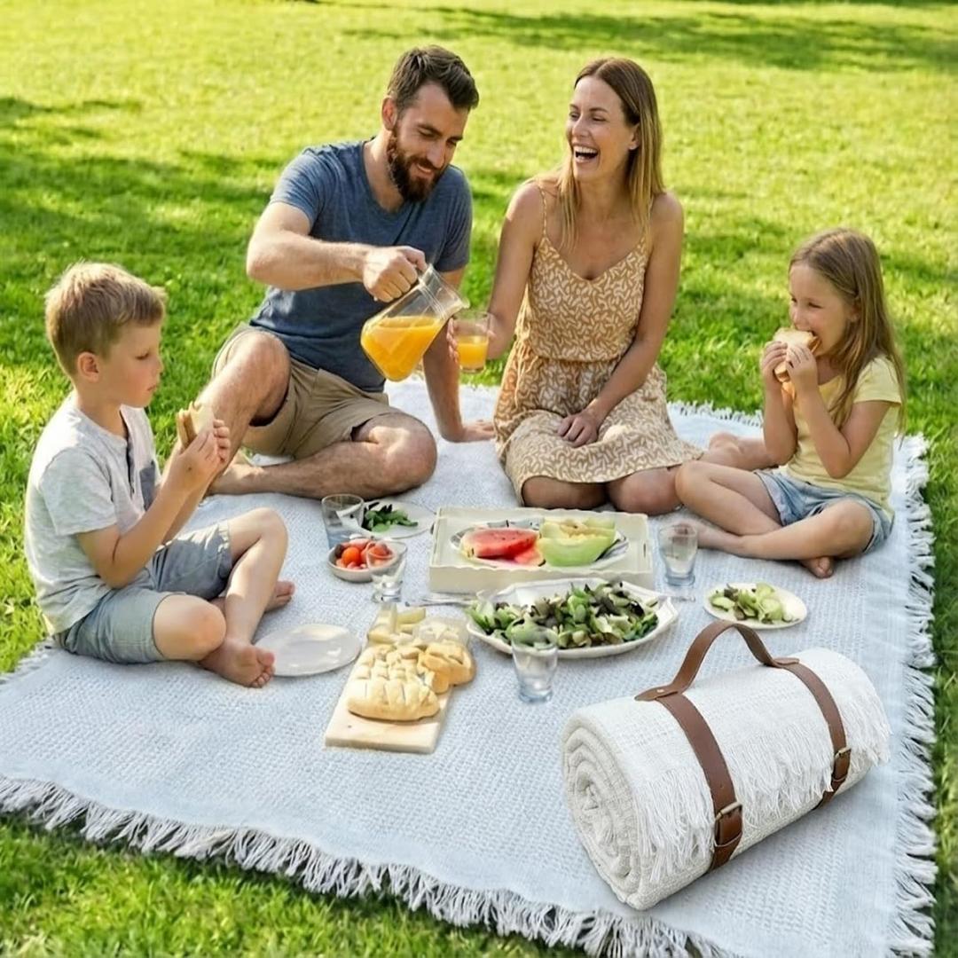 White Picnic Blanket, Extra Large Soft Cotton Gauze Picnic Rug 71"x71", Lightweight Breathable Blanket with Leather Handle, Machine Washable for Beach, Camping, Park, Couples (Cream), 5'10" x 5'10"