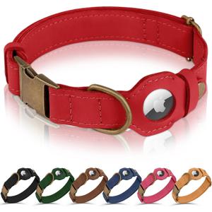 AirTag Dog Collar - Genuine Leather Dog Collar with Apple AirTag Holder and Metal Buckle - Smart GPS Tracking Pet Collars (Red, L, 17"-21" Neck Fit)