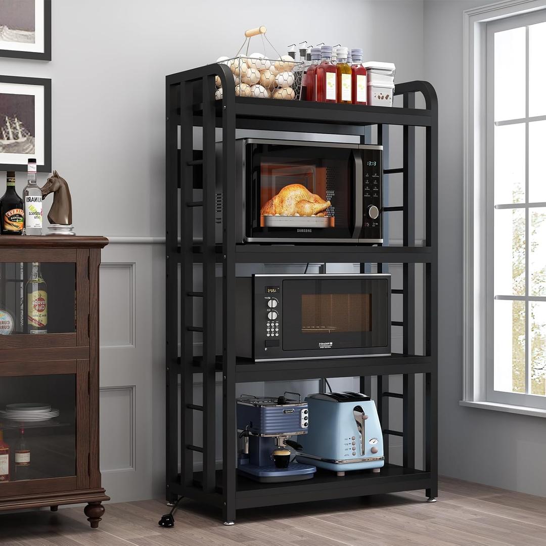 Bakers Rack with Power Outlet Microwave Stand 4-Tier Kitchen Baker's Rack, Free Standing Baker's Rack Kitchen Stands with Storage Suitable for Kitchen, Living Room, Dinning RoomCoffee Bar (Black)