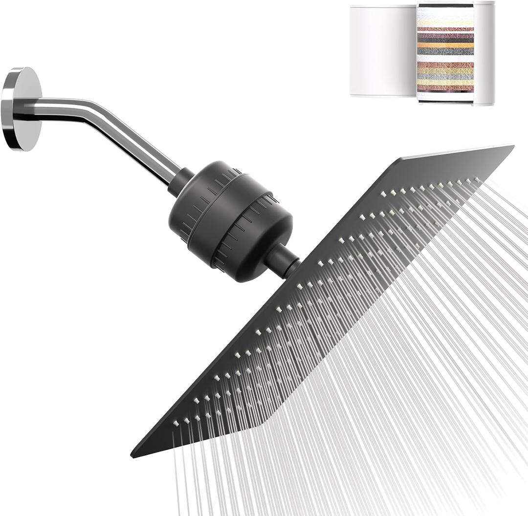 Filtered Shower Head with 20-Stage Shower Filter,Two Replacement Filter Cartridges,Rain Shower head High Pressure for Removing Chlorine and Harmful Substances(10 Inch, Matte Black)