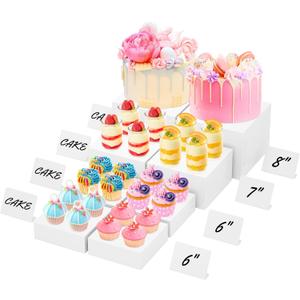8 Buffet Risers with Mini Signs, Buffet Table Risers and Stands, Acrylic Cube Display Box for Catering Party Table Food Display, Dessert, Cakes - White, Set of 8 Boxes