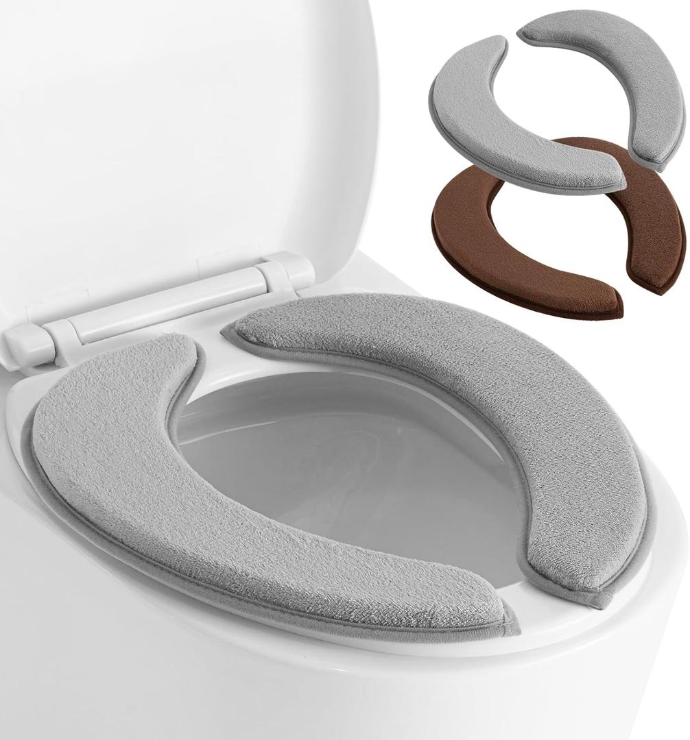 Soft Thicker Flannel Bathroom Toilet Seat Cover, 2 Pack Non Slip Warmer Comfortable Seat Cushions with Memory Foam, Easy Install with Self-Adhesive Tape, Reusable Toilet Lid Cover (Brown,Grey)