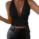 SOLY HUX Women's Sexy Deep V-Neck Halter Crop Top Summer Beach Vacation Clothes Y2K Trendy Tank Top for Going Out Party (Plain Black) X-Small