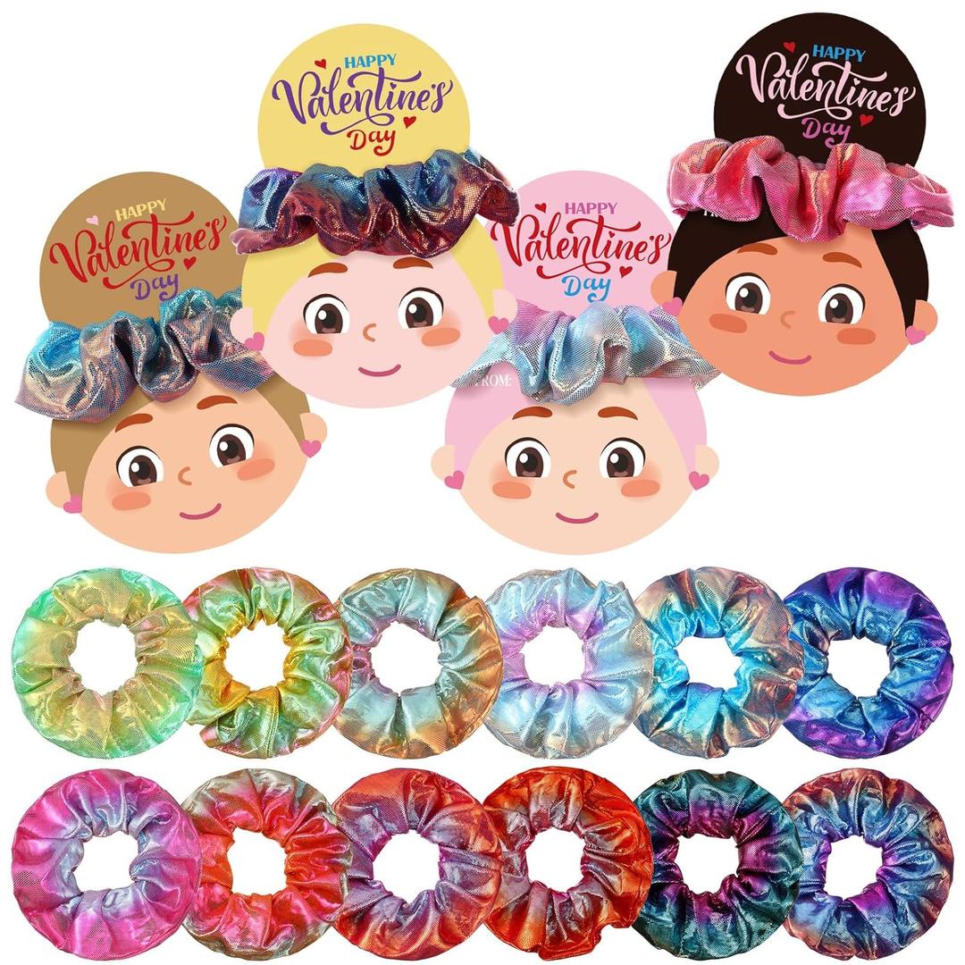 XunYee 24 Pcs Valentine's Day Hair Scrunchies with Card 12 Tie Dye Velvet Scrunchies 12 Valentines Exchange Gift Cards for Party Favors Goody Bag Filler(Metallic Color)