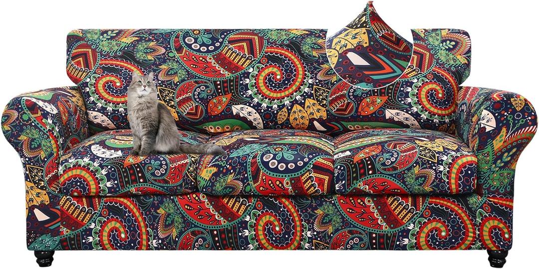 SearchI Sofa Cover Couch Covers, 4 Pieces Sofa Slipcover with 3 Separate Cushion Covers Stretch Soft Furniture Protector for Living Room Couch Cover for Pets Kids(Sofa, Paisley Floral)