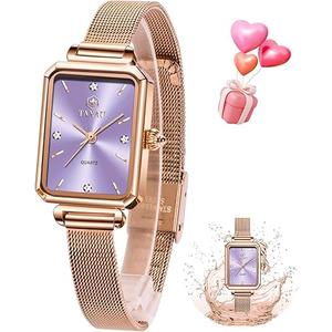 Taxau Analog Waterproof Rectangular Rose Gold Wrist Watch for Women Purple Dial Mesh Bracelet Elegant Watch Exquisite Stainless Steel Ladies Small Dress Watches