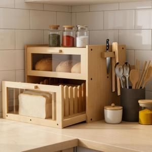 Double Layer Bread Box for Kitchen Countertop, Bamboo Breadbox with Slicer, Baguette Storage for Homemade Bread, Breadbox with Cutting Board/Window, Gifts for Home Bakers