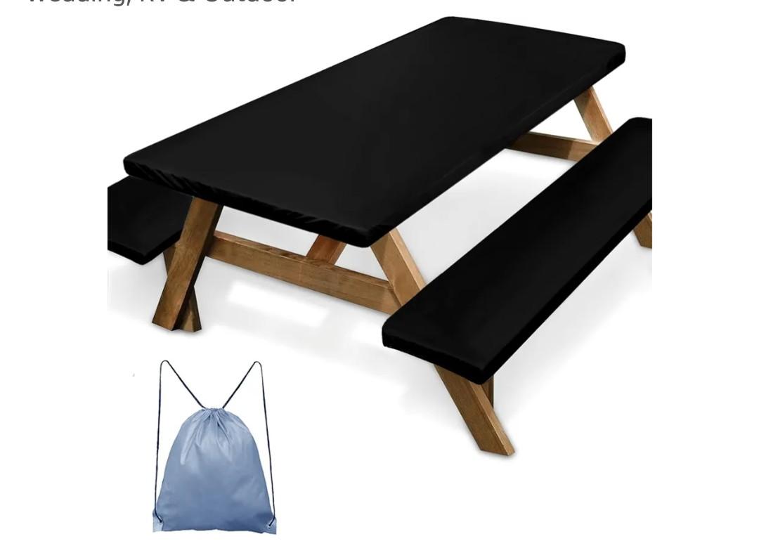 Picnic Table Cover with Bench Covers Elastic Edges, Black Table Cover Outdoor Patio Camping Essentials 72 Inch 3PCS, Waterproof Windproof Tablecloth for Camping, Patio Party, Wedding, RV & Outdoor