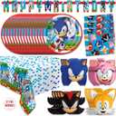 Sonic Birthday Party Decorations for 16 | Banner, Tablecloth, Plates and Napkins, Masks, Sticker | Sonic Party Decorations | Officially Licensed