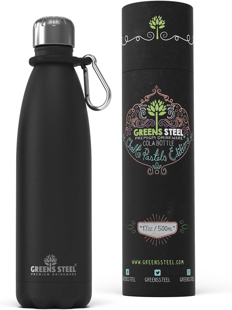 Greens Steel Stainless Steel Water Bottle - 17 oz, Black | Vacuum Insulated Double Wall with Screw Lid/Leak Proof | Thermal Travel Sports Canteen Coffee Flask