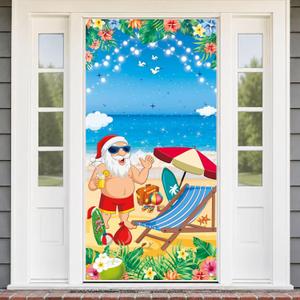 2 x 73 x 36 Inch Christmas Door Cover, Summer Christmas Beach Santa Door Banner with Palm Trees Ocean Tropical Design for Front Door Porch Party Decorations