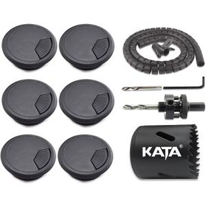 KATA 6-Pack Desk Grommet 2 Inch (50mm) Wire Cord Cable Desk Hole Cover with Bi-Metal Hole Saw Kit and Cord Wire Wrap Coiled Tube Sleeve Management, 2M Cable Sleeve Organizer