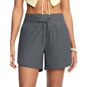 Women's 5" High Waisted Tummy Control Swim Board Shorts Quick Dry Swimming Shorts for Women with Liner Pockets (Large, Deep Grey)