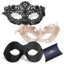 ForUnique Masquerade Masks for Couples – 2 Pack Gold & Black Venetian Style Lace Mask for Women and Men, Elegant Party Costume Masks for Mardi Gras, Halloween, Prom, Ball or Masquerade Party