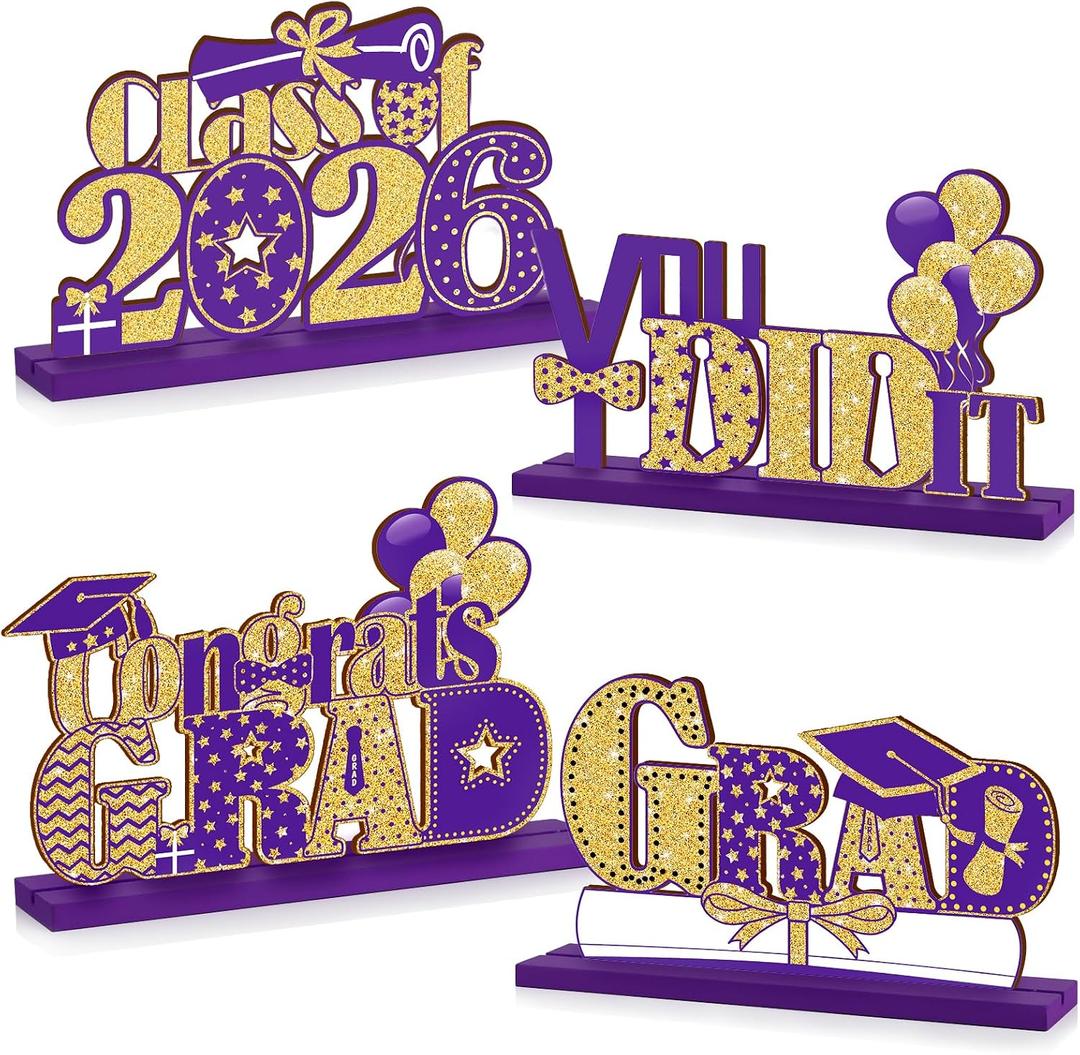4 Pieces 2026 Graduation Party Decorations Wooden Class of 2026 Table Centerpieces Grad Congratulate Table Toppers for High School College Graduation Party Favor Supplies Photo Booth Props (Purple)