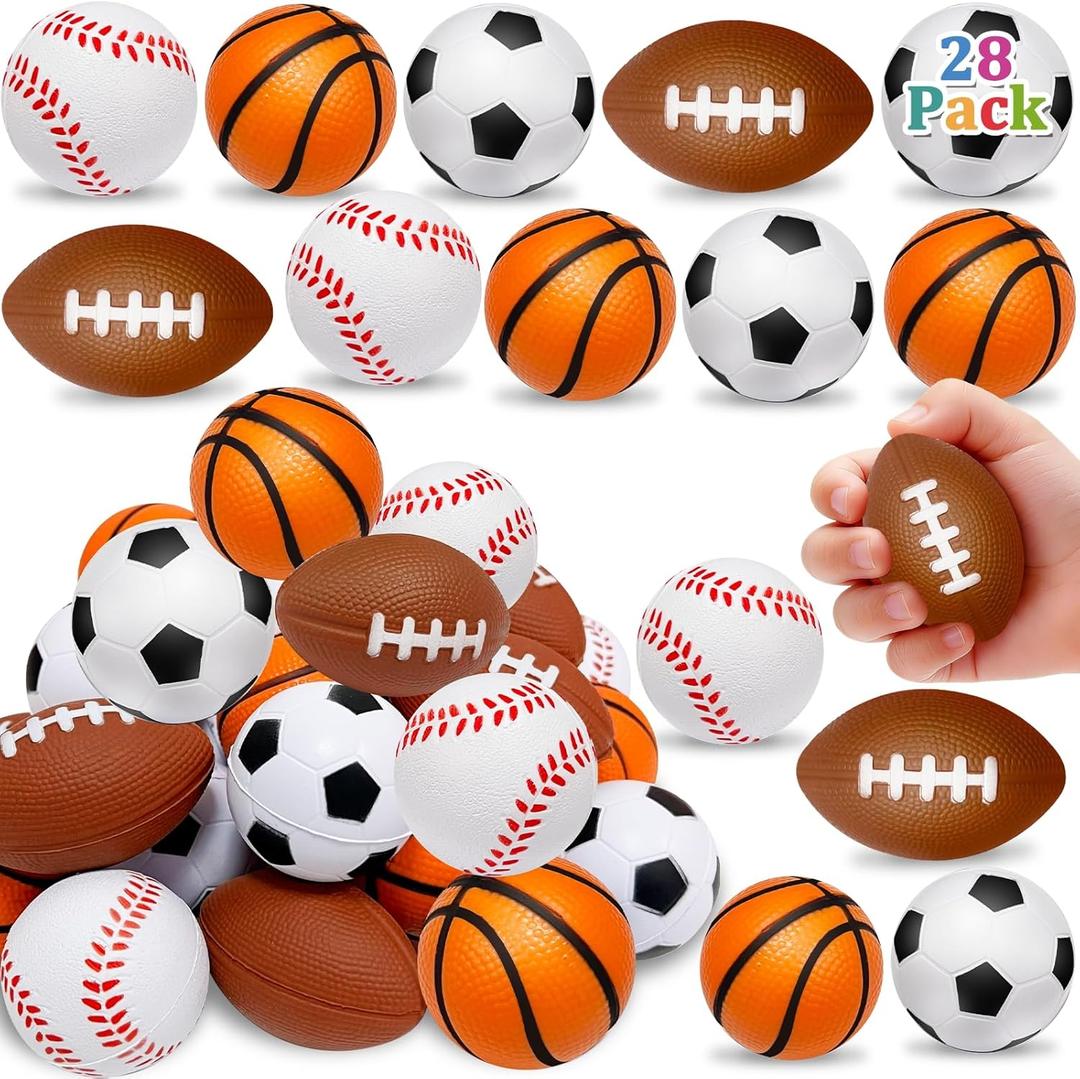 28 Pack Sports Stress Balls for Kids 4-8 8-12,Goodie Bag Stuffers Soccer Football Squeeze Fidget Relief Toys for Kids Pinata Stuffers,Classroom Prizes,Birthday Gifts,Sport Party Foam Bouncy Balls