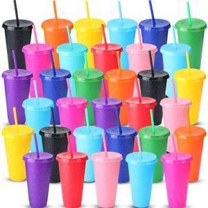 36 Pcs Glitter Reusable Tumbler with Straws and Lids, Plastic Cup with Lids and Straws Bulk, Water Bottle Iced Coffee Cold Drink Travel Mug, Colorful Cups for Party Birthdays (24 Ounce (Pack of 36))