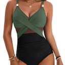 Blooming Jelly Womens One Piece Swimsuit Metal Modest Tummy Control Bathing Suit Slimming Full Coverage Mesh Swim Suits (Large, Black Army Green)