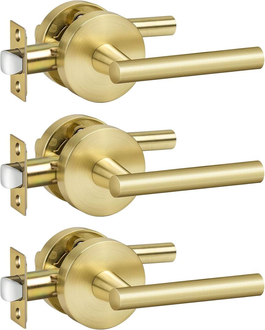 goldenwarm Brushed Gold Lever Passage Door Handle, Zinc-Alloy Gold Hall and Closet Door Handle, Lever Door Handles, Passage Door Hardware for Hallways and Closets (3 Pack)