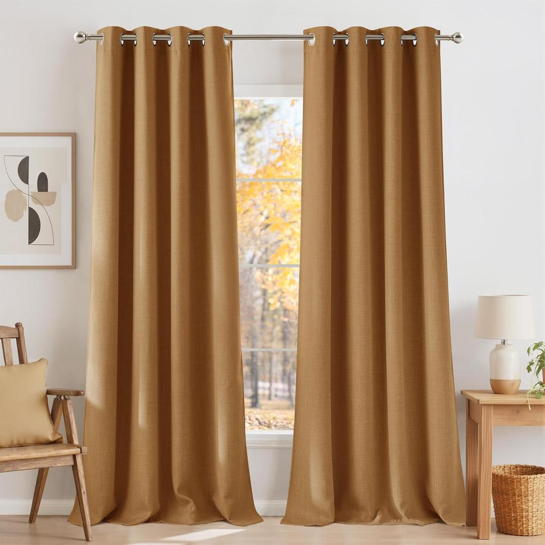 NICETOWN Faux Linen Gold Brown Blackout Curtains 84 inches Long for Living Room - Privacy Panels for Bedroom, Modern Farmhouse Style Easy Care Grommet Top, 2 Panels, W52 by L84