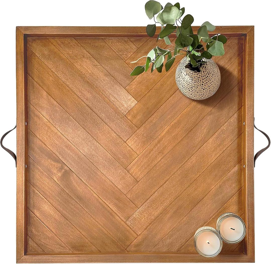 Large Square Ottoman Tray, 23"x23" Wooden Ottoman Trays with Leather Handles, Rustic Decorative Storage Tray for Ottoman