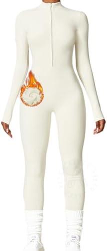 AEEZO Womens Long Sleeve Workout Jumpsuit Zip Up Yoga Rompers Sexy Tummy Control One Piece Bodycon Bottom Pants, Size M