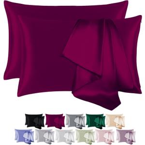 100% Mulberry Silk Pillowcase Set of 2 for Hair and Skin,with Hidden Zipper,Both Sides 19 Momme 600 Thread Count Natural Silk Pillow Cover,Soft Breathable Smooth (Burgundy, King 20''x36'')