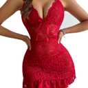 Women Babydoll Lingerie Lace Chemise Sexy Nightgown Ruffle Hem Sleep Dress (Small, Bright Red)