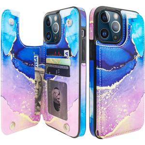 HAOPINSH for iPhone 13 Pro Max Wallet Case with Card Holder, Blue Purple Marble Pattern Back Folio Flip PU Leather Kickstand Card Slots Case, Double Magnetic Clasp Durable Shockproof Cover 6.7"