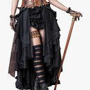 HaoLin Steampunk Retro Victorian Punk Cincher Lace up Long Ruffle Pencil Skirt Black